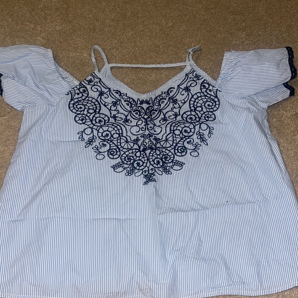 never worn light blue off the shoulder stripped and embroidered top super cute